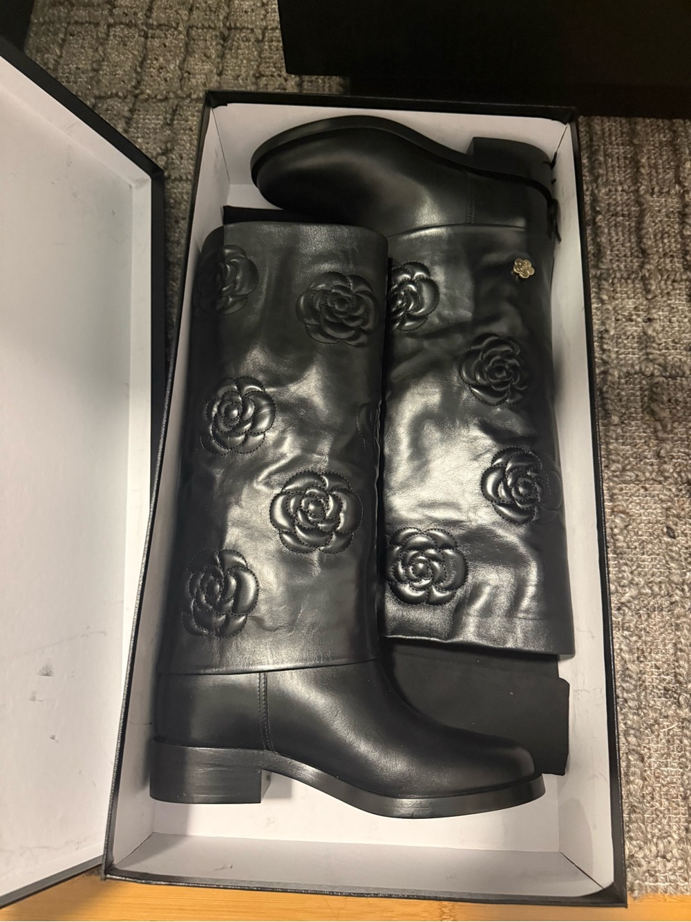 Chanel Black Leather Knee-High Camellia Embossed Boots